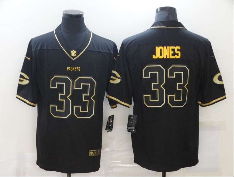 Men's Green Bay Packers #33 Aaron Jones 2020 Black Golden Limited Stitched Jersey